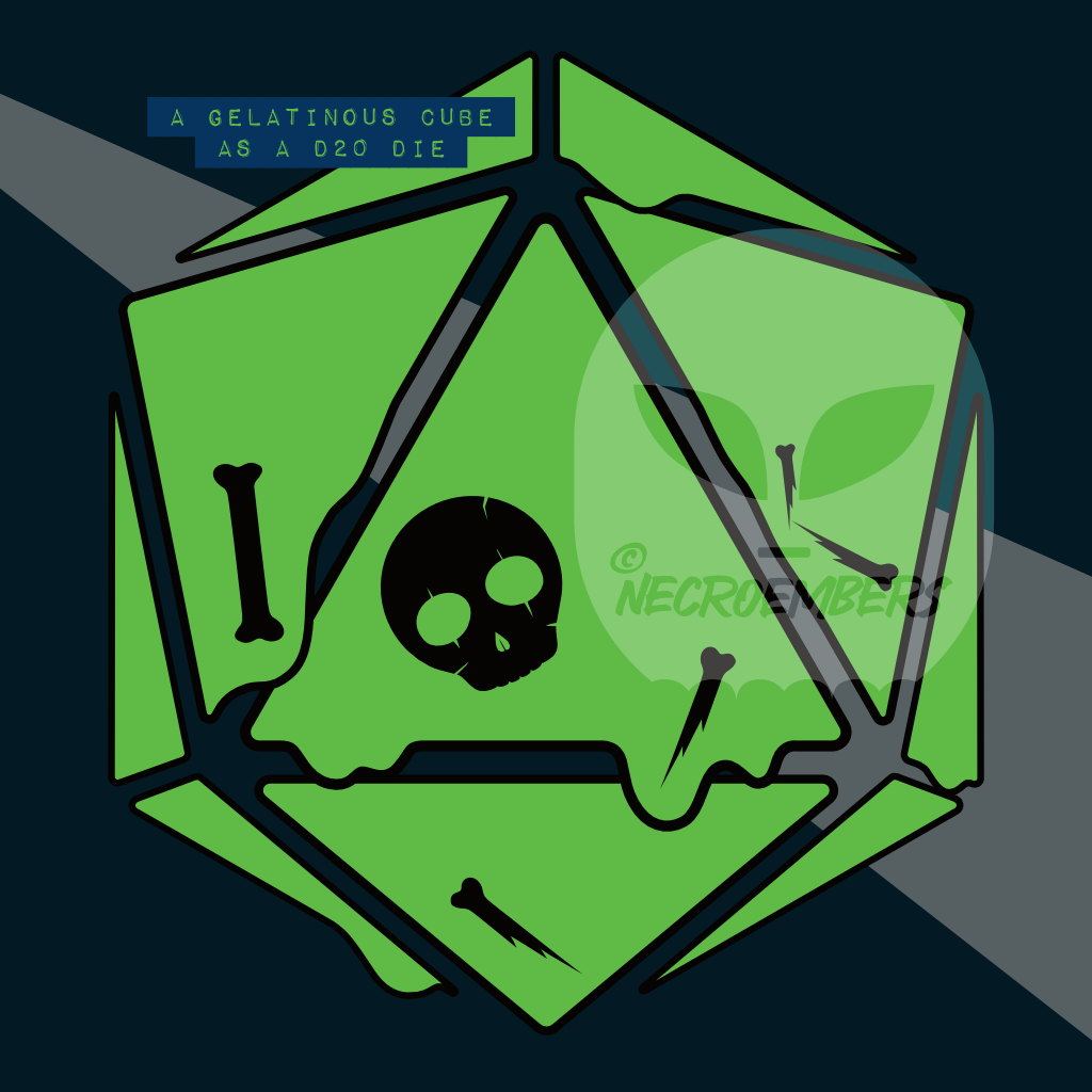 gelatinous cube as a d20 dice containing a skull and some bones