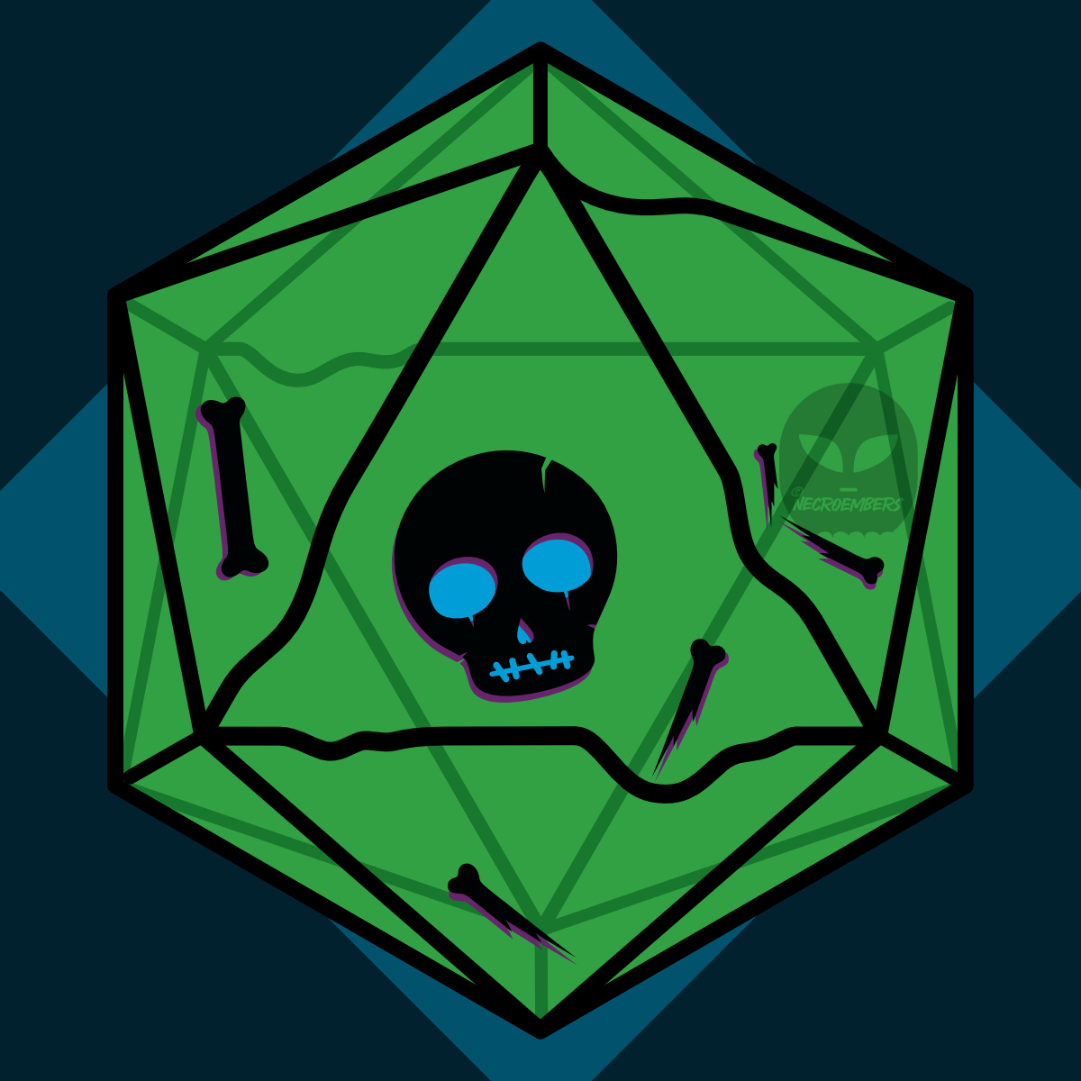 gelatinous cube as a d20 dice containing a skull and some bones