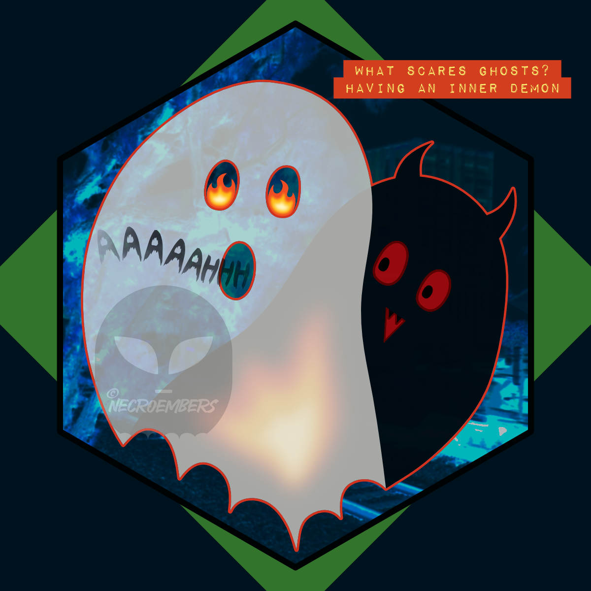 inside a hexagon is a ghost screaming with smoke coming out it's mouth and an inner demon behind it causing a fire