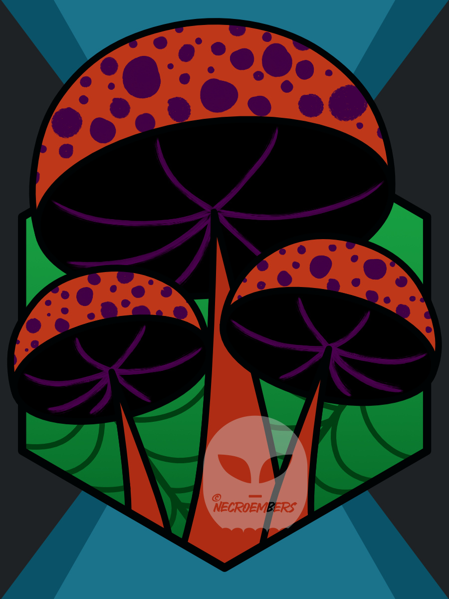 three spotted mushrooms bursting out of a hexagon, halloween esque colors abound