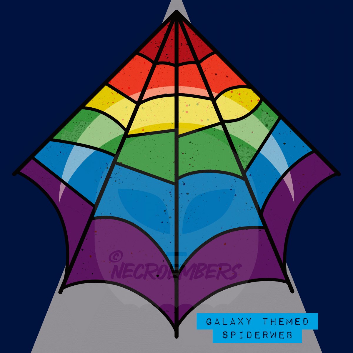 a 90 degree spiderweb facing down with rainbow colors and stars